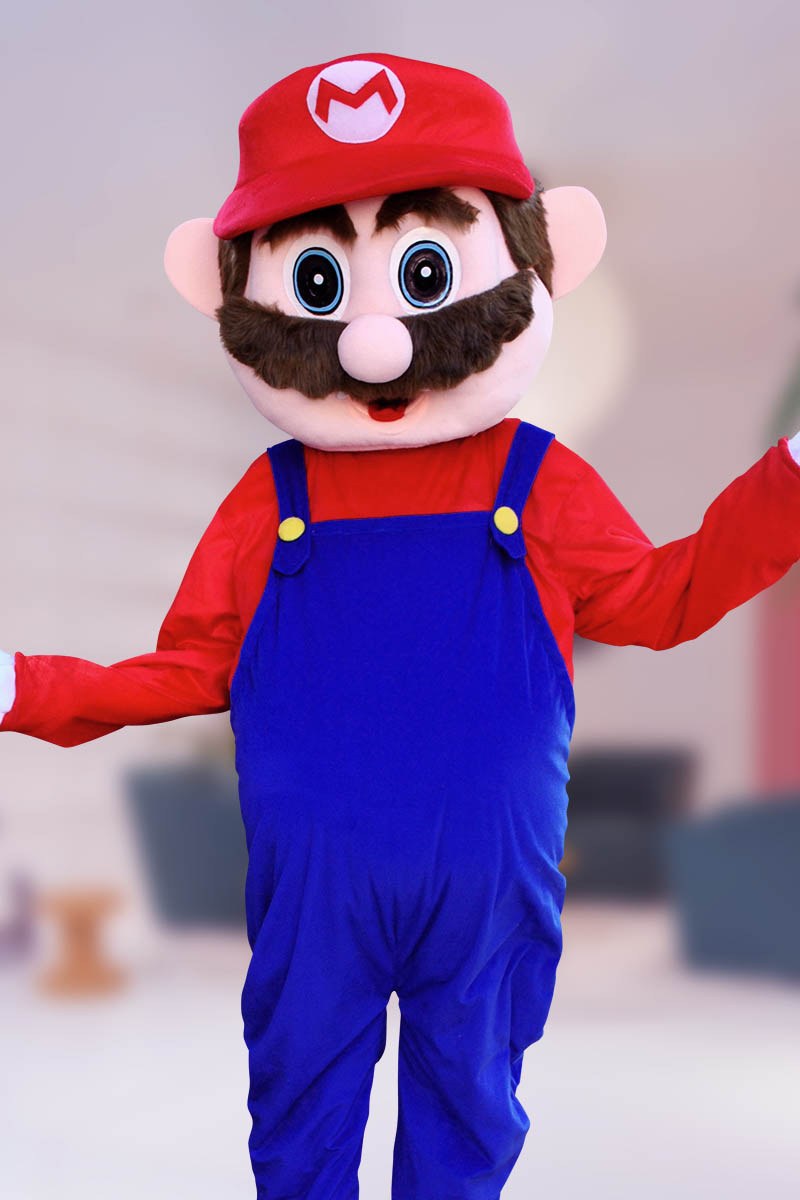 Mario mascot character posing at gaming birthday party in San Diego